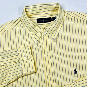 Ralph Lauren Button Down Shirt Men's 17.5 44 Yellow Blue Stripes Business Casual